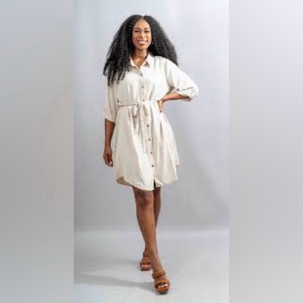 Mlle Gabrielle Cream Button-Front Shirt Midi Dress with Tie Waist